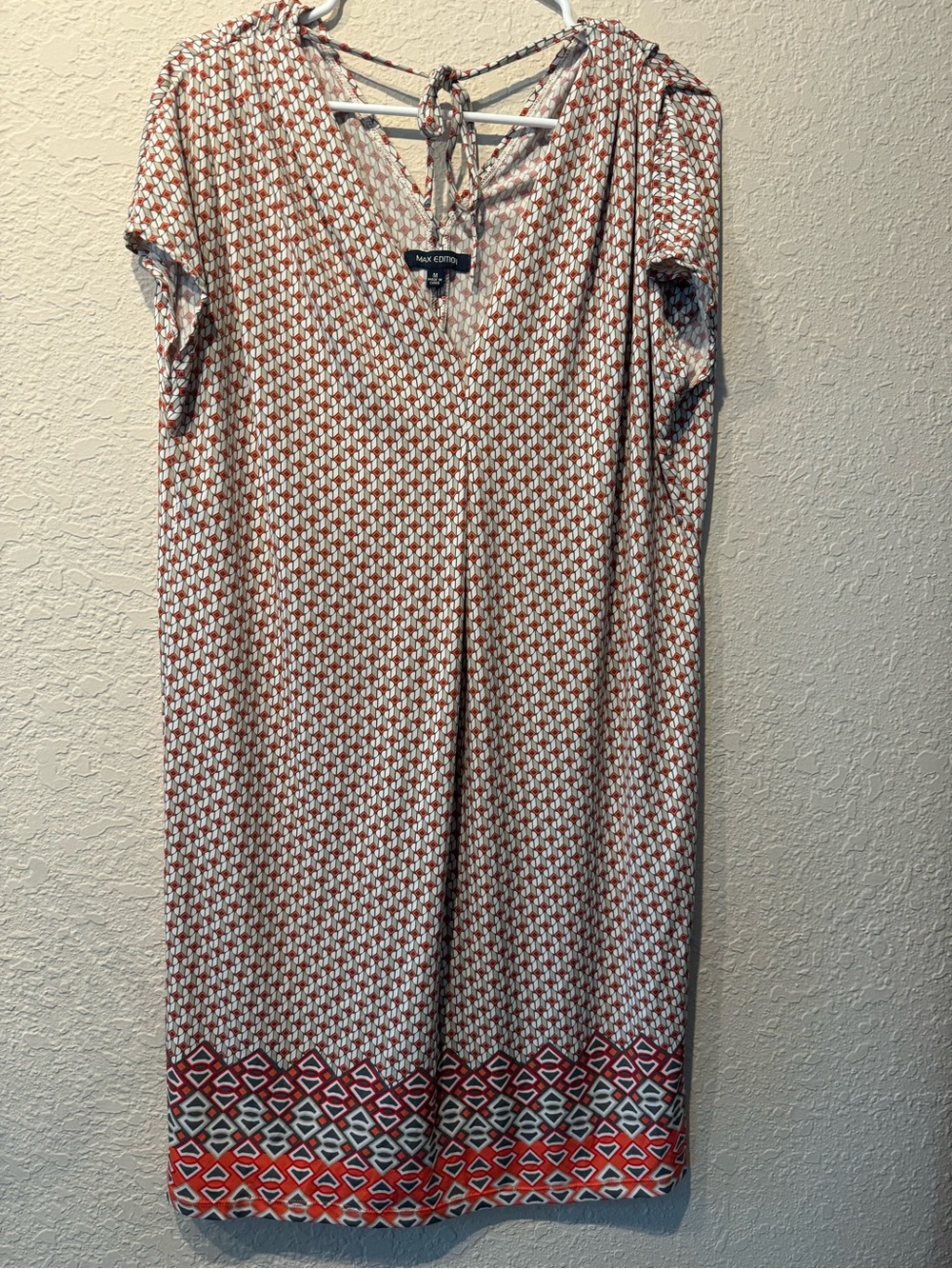 Max Edition Cream and Red Geometric Midi Dress with Tie Back